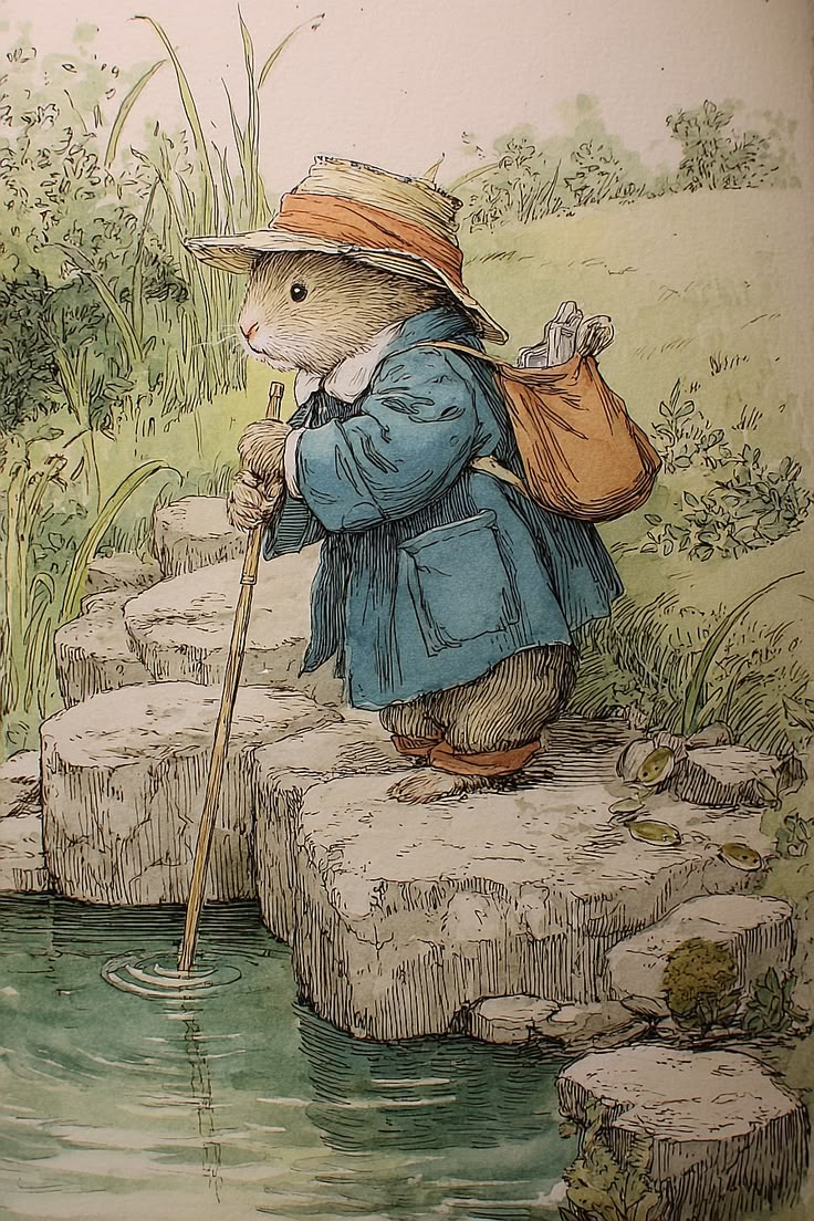 A watercolor illustration of a small mouse in a blue coat and hat crossing a stream