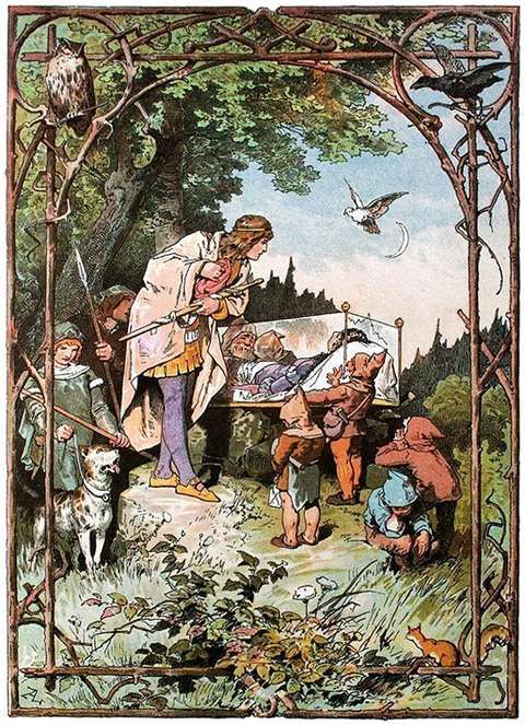 A vintage storybook illustration of figures gathered in a forest clearing
